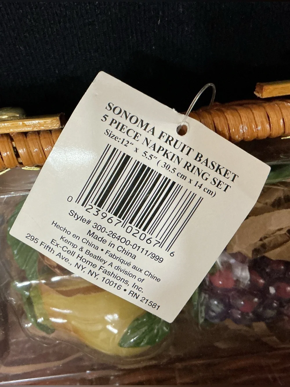 Sonoma Fruit Ceramic Napkin Rings in Green, Red, Yellow, Purple & 1 basket
